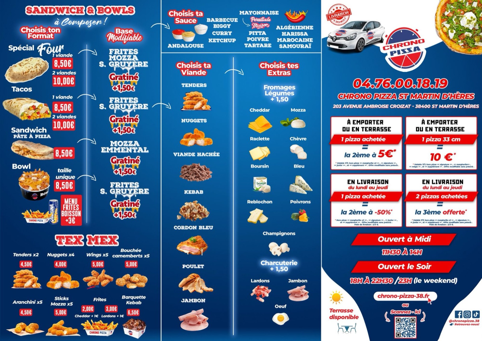 Offres Chrono Pizza 38 : 2ème pizza à 5€, pizza 33cm à 10€, 2ème pizza à -50% et 3ème offerte en livraison